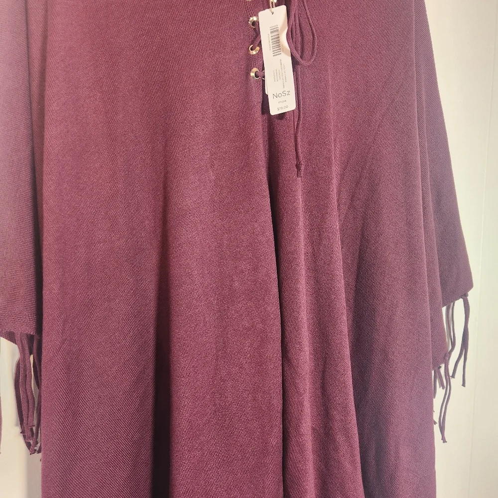 Chicos Monrovia Lace-up Fringe Poncho Shrug One Size Maroon Burgundy - Picture 14 of 14